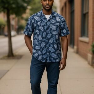 Aigle Men’s Hawaiian Shirt XL Blue Floral Tropical Underwater Print Short Sleeve